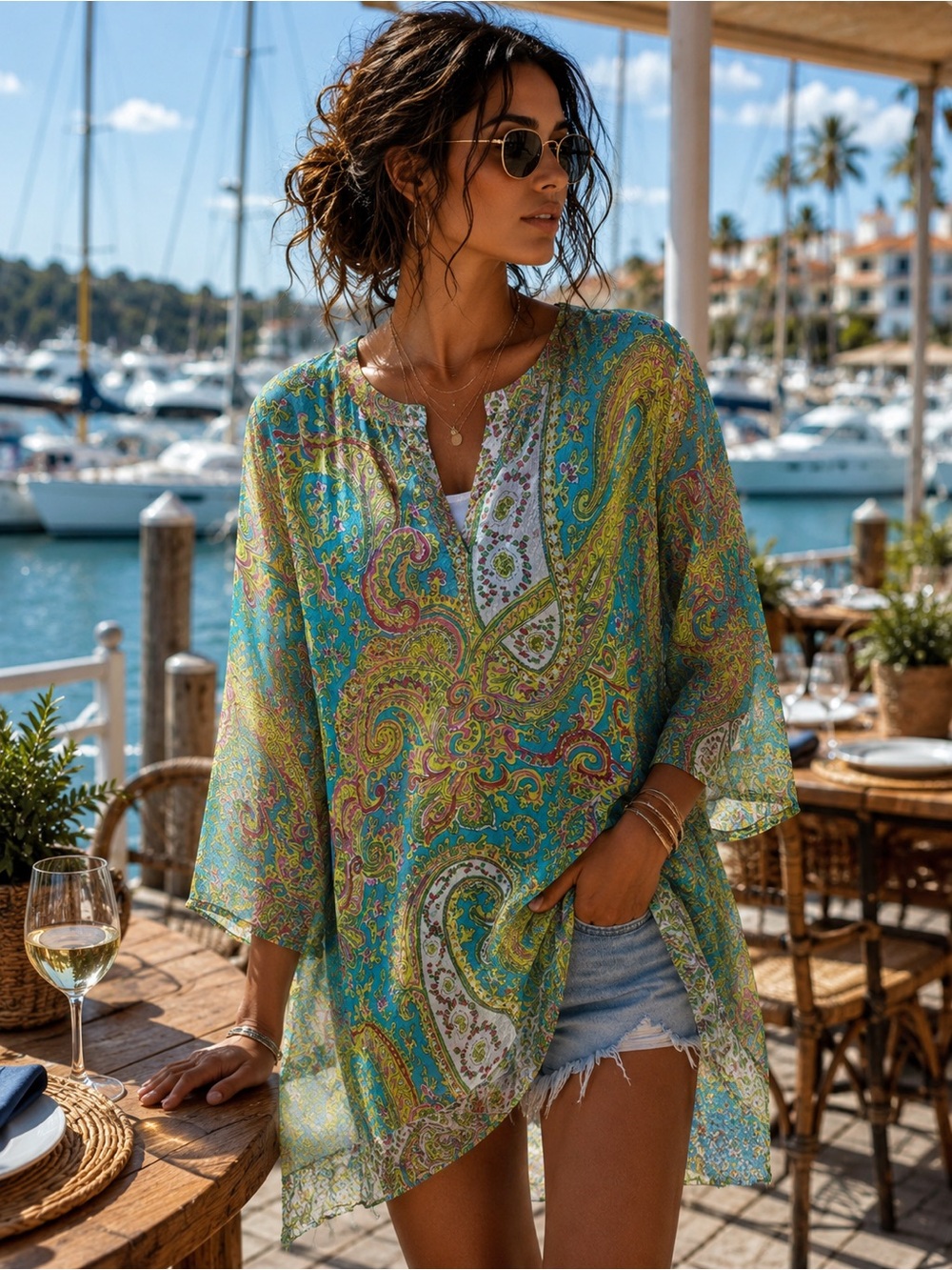 India Emporium Viscose Turquoise Paisley V-Neck Tunic Top - Free Size